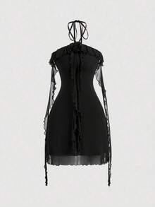 Vestido de malla elástica de punto para mujeres con decoración floral, volantes sin mangas en color lila - Negro - Ver 5