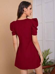Clasi Vestido sólido negro con mangas abullonadas para mujer, vestido de - Burdeos - Ver 2