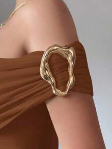 Blusa de verano para mujer con hombros decorados con botones y bajo asimétrico elegante - Marrón - Ver 5