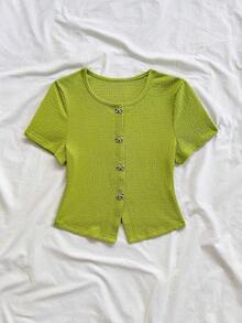 Blusa casual de mujer con manga corta, bordado de malla y lazo con botón - Verde 2 - Ver 5