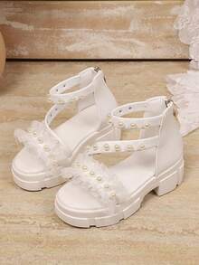 1 Pair Women's White Wedge Sandals, Solid Color PU Strap + Shiny Pearl Mesh Decor, Round Toe Fish Mouth Open Toe Platform Thick Heel Backstrap Zipper Design, Fashionable French Fairy Princess High-Top Roman Sandals, Suitable For Casual, Vacation, Party In Spring/Summer - White - View 2