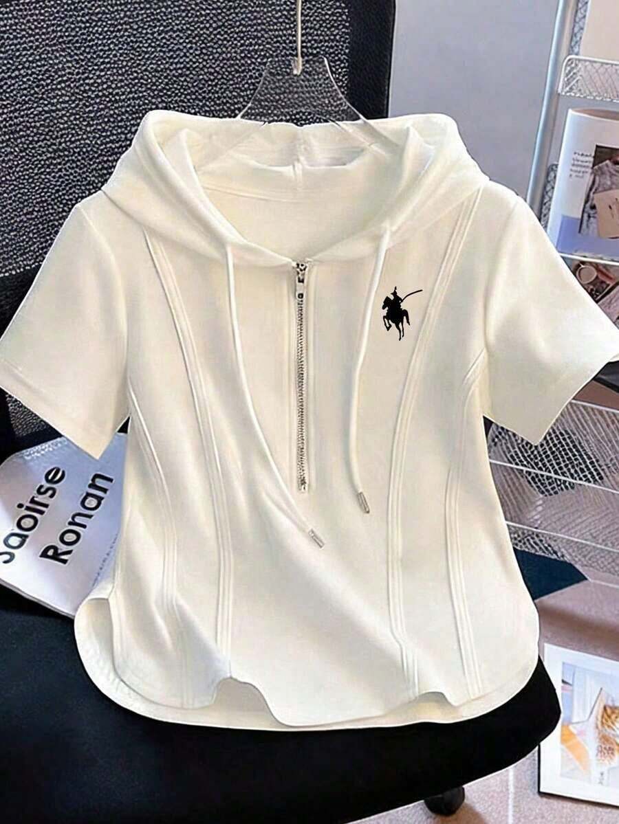 Camiseta con capucha y cremallera asimétrica de manga corta, nueva diseño de top casual para primavera/verano - Blanco - Ver 1
