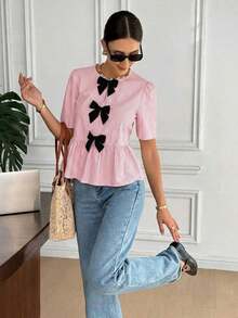 Blusa casual de mujer con rayas y lazo, Blusa de manga corta a rayas elegante para mujer, Decoración de lazo negro vintage, Diseño holgado y estilizante con volantes, Camisa color albaricoque, Verano para mujer, Blusa para salir, Playa para mujer, - Rosa - Ver 5