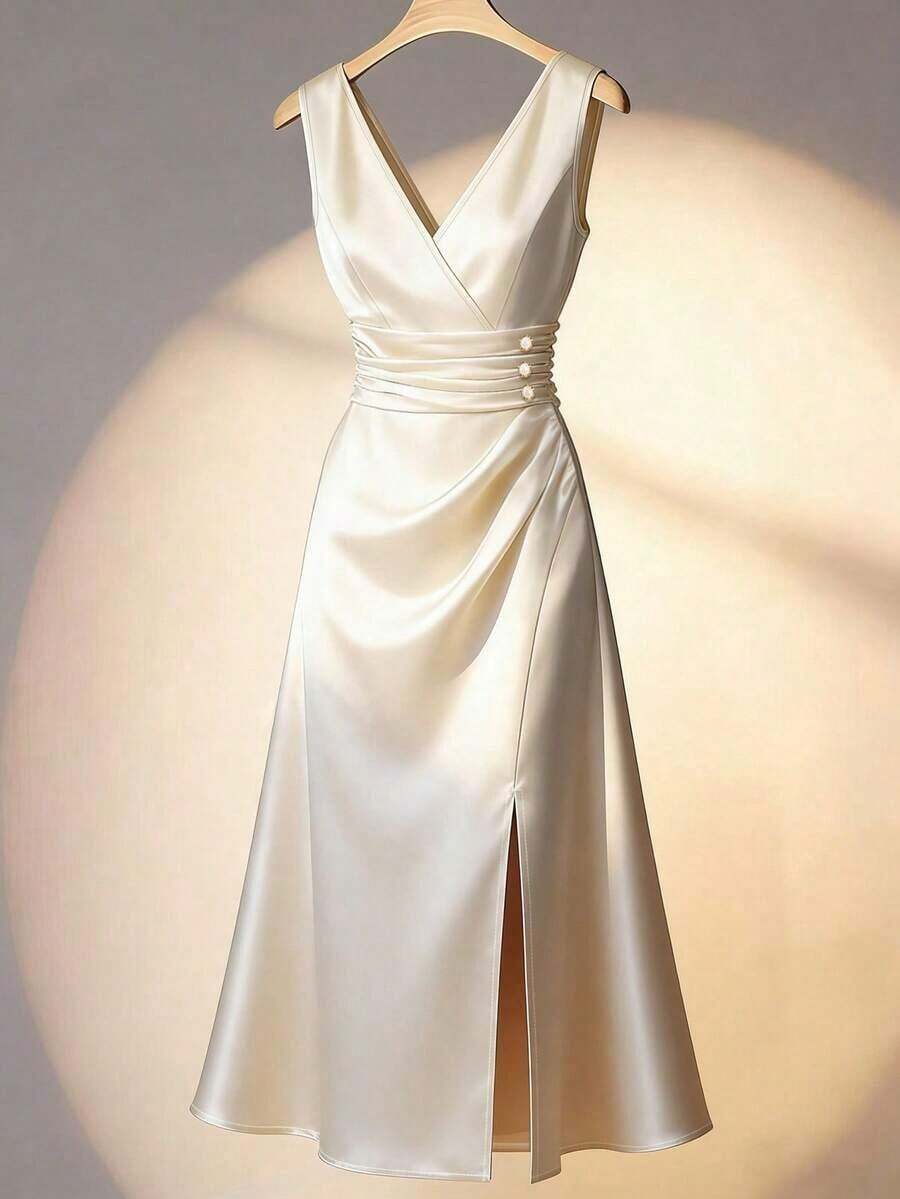 Vestido maxi elegante de satén color crema marfil sin mangas con cuello en V, cintura fruncida y abertura lateral.Alta calidad para ocasiones formales y citas - Albaricoque - Ver 1