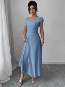 Vestido elegante de manga raglán y cuello cuadrado con detalle cruzado en el busto, de unicolor para mujeres - Azul - Ver 4