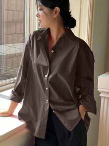 Camisa holgada de mujer de unicolor, de manga larga y de abotonadura sencilla - Óxido marrón - Ver 6