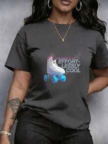 Camiseta para Mujer estampado de corazón, Estampado Floral y de patín de ruedas, texto y estrellas, Manga Corta, Cuello Redondo, Talla Grande Top, nuevo diseño en estilo elegante casual, deportiva casual, de moda para ocio, para Uso Casual, prenda cómoda Suave y Transpirable que absorbe el sudor, roja redonda casual de confección suave - Negro - Ver 11