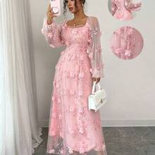 Elenzya Women's Elegant Retro Charming Princess Gentle Lady Net Yarn Long Sleeve Square Collar Waist A-Line Fluffy Hem Solid Color 3D Floral Embroidered Net Dress Fall Cloth For Women - Rosa - Ver 2