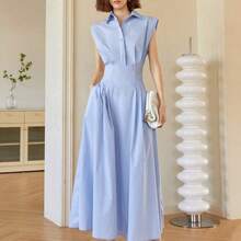 Women's Solid Color Sleeveless Elegant Midi Dress, Collared Dress Elegant Old Money Style, Spring/Summer Dress, Summer Outfits For Women, Graduation, Prom, Business Casual Black - Caqui - Ver 2