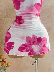 Vestido de tirantes con cuello drapeado con diseño de flores rojas en acuarela para vacaciones de verano - Multicolor - Ver 3