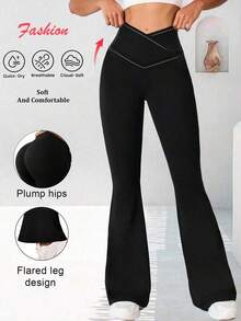 Pantalones acampanados con cintura cruzada para mujer, pantalones deportivos y de yoga de unicolor de poliéster de alta elasticidad, pantalones casuales largos con cintura cruzada, mallas ajustadas de unicolor para entrenamiento, pantalones de pierna ancha de tejido de punto adecuados para fitness y uso casual, negro, primavera - Negro - Ver 2