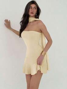 Vestido mini de mujer de unicolor con diseño de cinta y cuello halter - Beis - Ver 4