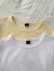 4 piezas Conjunto de camisetas de mujer de cuello redondo de manga corta ajustadas, aptas para el verano y para salir, en negro, blanco, marrón y amarillo crema, 95% algodón, estilo vintage, blusas de verano lindas, estilo softgirl, artículos para salidas de verano, para el hogar, vuelta al colegio, ropa de mujer para otoño, versátil, tops cortos para club y fiesta, paquete de 4 tops cortos básicos de mujer, tops cortos ajustados - Multicolor - Ver 5