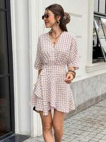 Vestido corto casual y de viaje con cuello en V y estampado de cuadros para mujer - Albaricoque - Ver 4