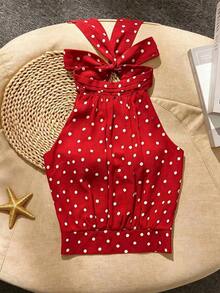 Blusa de mujer de verano, casual y elegante, con cuello de halter y corbata, de tela con textura de lunares - Rojo - Ver 1