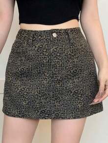 Falda vaquera casual con botones delanteros y bolsillos con estampado de leopardo - Marrón 2 - Ver 4