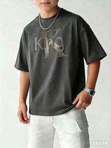 Short-Sleeved T-Shirt With Round Neck And "King" Print In Urban Style For Children - رمادي غامق - مشاهدة 2