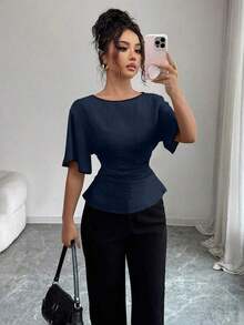 Camisa casual de mujer con ribete de contraste en la cintura y manga corta, para verano - Azul marino 2 - Ver 6