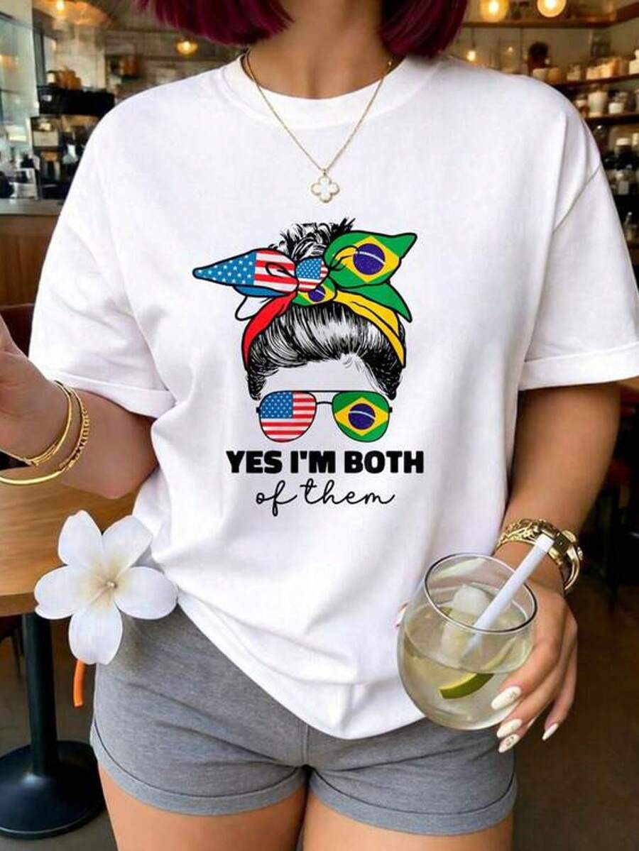 Women's T-Shirt With Print Of Half The American Flag And Half The Brazilian Flag America Brazil 2026 New - 白色 - 查看 1