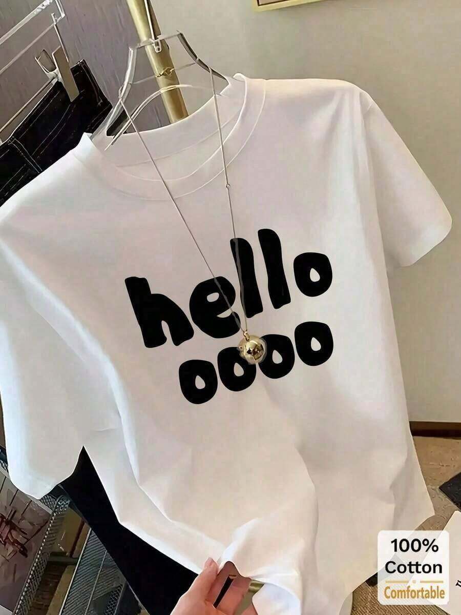 Camiseta de manga corta de longitud media de algodón puro con estampado en inglés, camiseta básica para mujer, top de cuello redondo con estampado de la palabra "Hello" a la moda, camiseta unisex de algodón grueso. | Conjuntos de Verano para Mujeres y Hombres | Conjuntos de Verano | Conjuntos de Verano para Mujer | Ropa de Vacaciones para Mujer | Conjuntos de Primavera para Mujer | Ropa de Verano | Regalo de San Valentín | Corte holgado y amplio, 100% algodón | Esencial para un día de descanso transpirable. Adecuado para primavera, verano y otoño. - Blanco - Ver 1