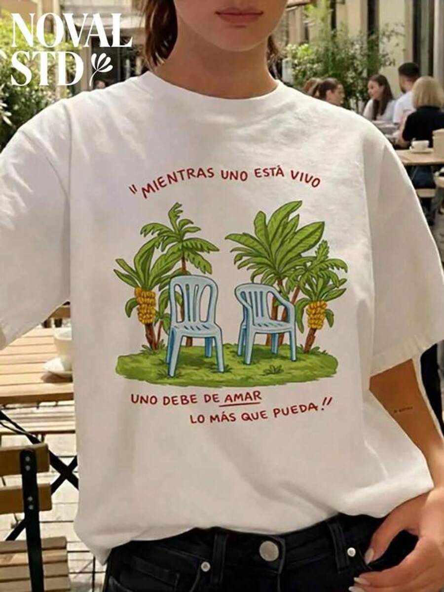 White Short-Sleeved T-Shirt With A Round Neck, Loose And Multifunctional, With A Tropical Palm Tree Love Quote Print In A Casual Holiday Style, Suitable For Everyday Wear. - 白色 - 查看 1