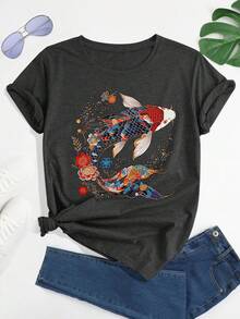 Camiseta con estampado de carpa koi floral de arte japonés y patrón de flores vintage, manga corta y cuello redondo, prenda casual para verano y primavera, ropa de mujer - Gris Oscuro - Ver 1