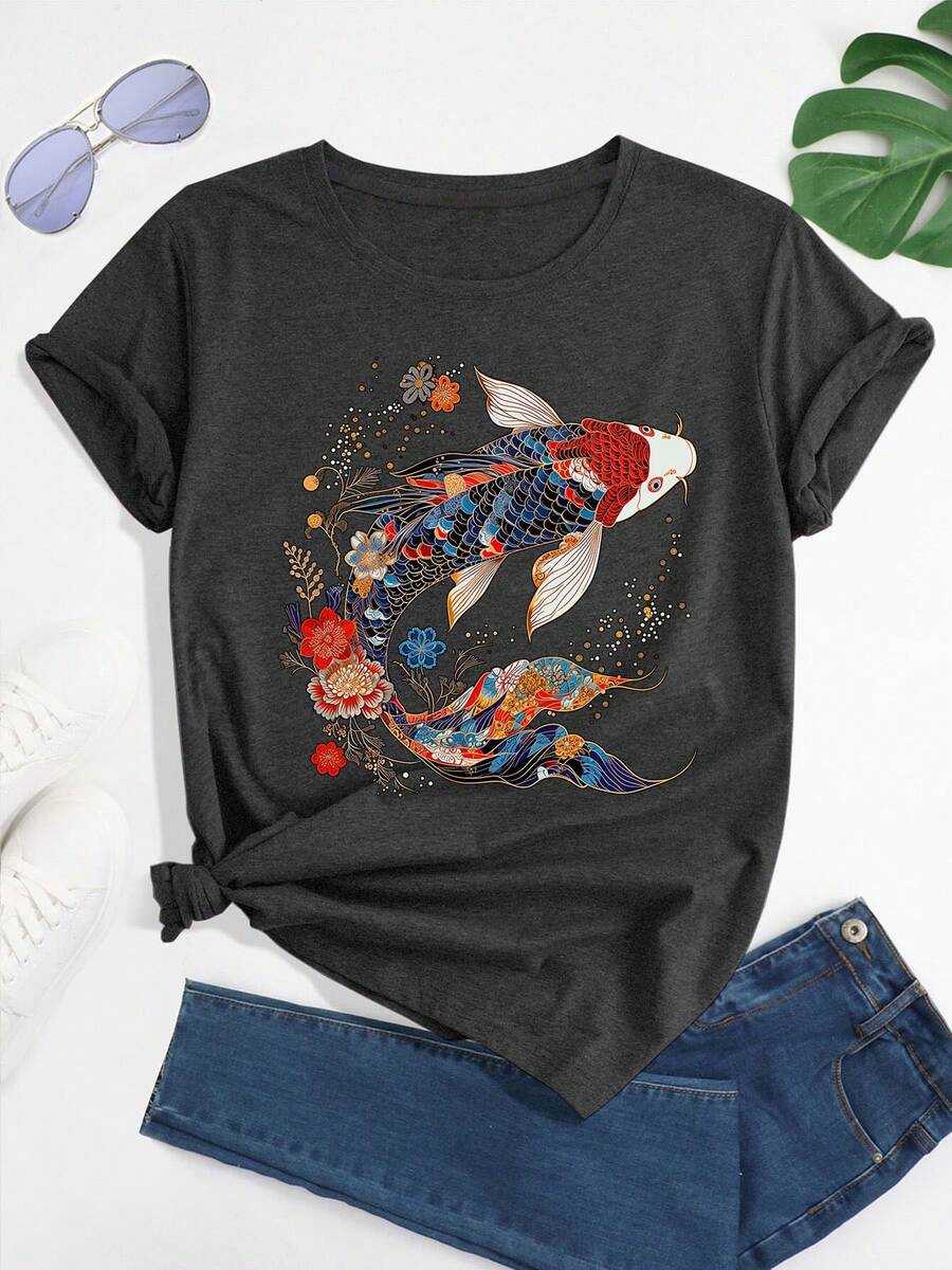 Camiseta con estampado de carpa koi floral de arte japonés y patrón de flores vintage, manga corta y cuello redondo, prenda casual para verano y primavera, ropa de mujer - Gris Oscuro - Ver 1