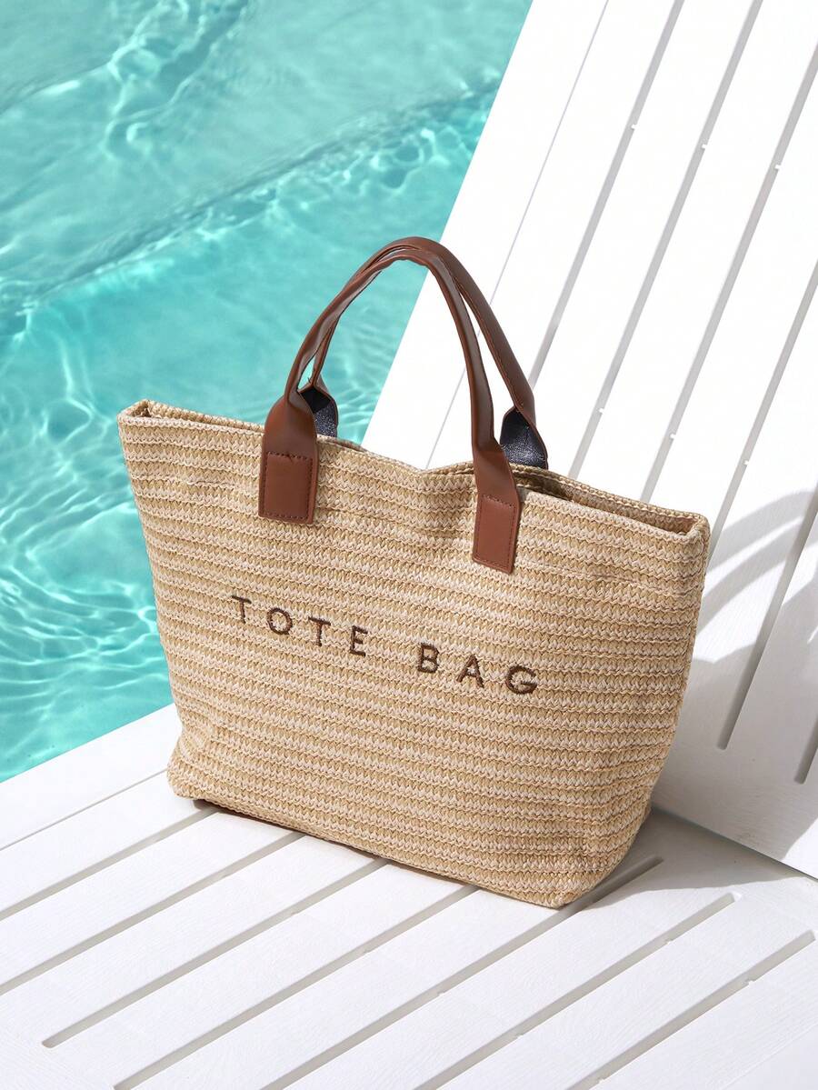 Trivaya Bolso de playa de paja de gran capacidad y estilo casual para vacaciones, bolso de hombro minimalista y elegante para mujer - Marrón - Ver 1