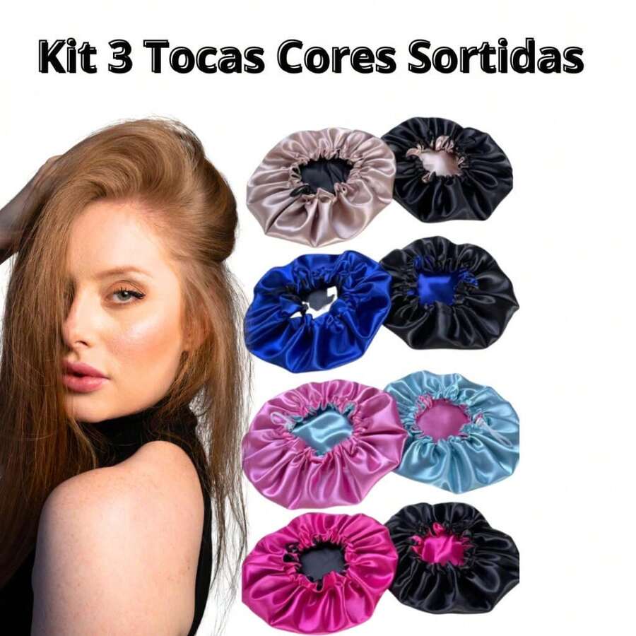 Kit 1/2/3/4 Toucas de Cetim IMPECÁVEL! Dupla Face / Sono Beauty - Hidratação Noturna/ Controle Frizz e Conforto Máximo - Kit 3 Unidades Cor aleatória - Visão 1
