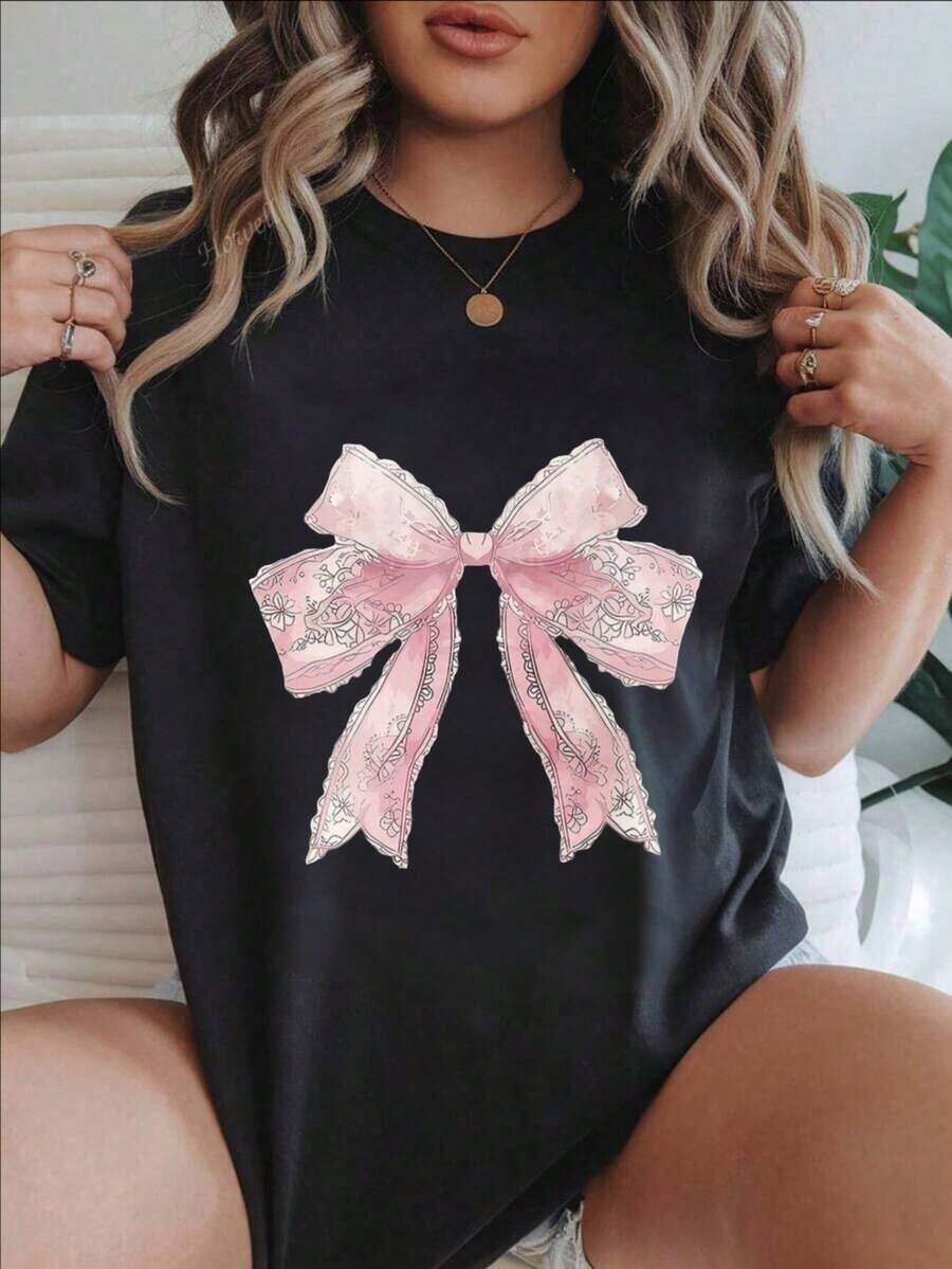 Camiseta Casual de Manga Corta para Mujer Estilo Vintage - Rosa con Estampado Floral y Lazo, Cuello Redondo, Top de Verano, Lavable a Máquina, Camisetas para Damas, Ropa Casual, Estilo Moderno, Ajuste Cómodo  
 BlackFashion - Negro - Ver 1