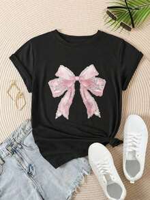 Camiseta Casual de Manga Corta para Mujer Estilo Vintage - Rosa con Estampado Floral y Lazo, Cuello Redondo, Top de Verano, Lavable a Máquina, Camisetas para Damas, Ropa Casual, Estilo Moderno, Ajuste Cómodo  
 BlackFashion - Negro - Ver 2