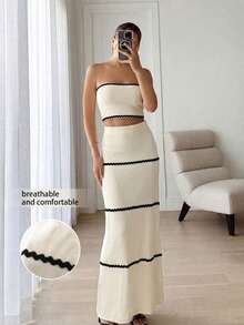 Elegante conjunto de 2 piezas de primavera/verano para mujer: top tubo ajustado con volantes y rayas de contraste, y falda maxi larga y suelta con rayas de contraste, para uso casual, playa y vacaciones - Albaricoque - Ver 1