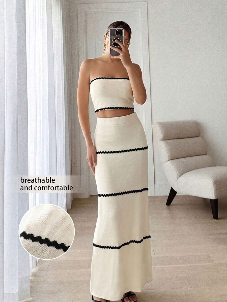 Elegante conjunto de 2 piezas de primavera/verano para mujer: top tubo ajustado con volantes y rayas de contraste, y falda maxi larga y suelta con rayas de contraste, para uso casual, playa y vacaciones - Albaricoque - Ver 1