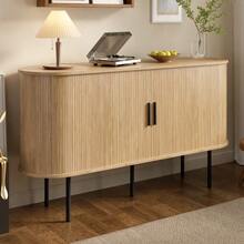 Modern MDF Sideboard With Roll-Up Doors, Aluminum Handles And Iron Legs – Versatile Storage Unit For Living Room, Dining Room And Modern Interiors - 自然色 - 查看 7