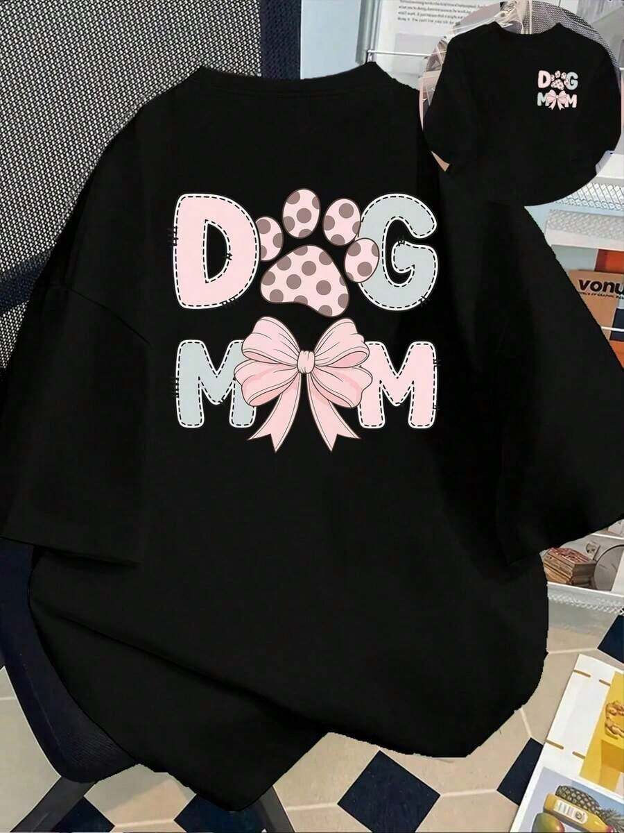 Camisetas de manga corta de talla grande para mujer, ideales para el verano, camisetas básicas de uso diario, camiseta estampada de manga corta con diseños frontales y traseros - Temática de mamá de perro, mascota - Camiseta estampada de primavera/verano para mujer, artículo de moda, versátil y casual, transpirable y cómoda. - Negro - Ver 1