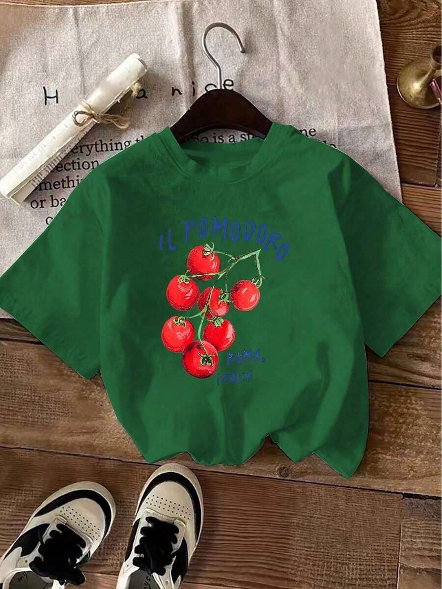 1 Pieza de Camiseta Casual de Moda para Hombres y Mujeres con Estampado de Tomate, Nueva Camiseta de Verano para Mujer, Manga Corta, Estampado Casual, Elegante Ropa para Damas, Versátil, fácil de combinar, adecuada para uso diario, estilo urbano, ropa de vacaciones, ropa de fin de semana. Camiseta unisex de algodón de manga corta y cuello redondo estilo vintage urbano - Verde - Ver 1