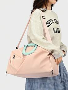 Large Capacity Colorblock Travel & Fitness Bag, Wet & Dry Separation Design + Shoe Compartment, Handheld & Crossbody 2-In-1, Waterproof & Durable Material, Suitable For Travel, Gym, School, Great Gift For Mother's Day, Valentine's Day, Birthday, For Mom, Friends, Girlfriend - Pink - View 6