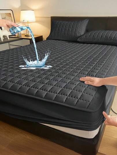 South Life 1pc Waterproof Fitted Sheet, Bedding, Skin-Friendly Mattress Cover, Soft And Comfortable Bedding For Bedroom, For All Seasons, Room Decor, 11.8 Inch Deep Pocket Cooling Breathable Quilted Square Lattice Fitted Sheet, For Queen King Twin All Size, Solid Color Mattress Protective Cover, Dustproof, Comfortable And Machine Washable, Fathers Day Gift, Birthday Decorations, Grad Party Decor, Fathers Day Decor, Graduation Gift, Birthday Gift