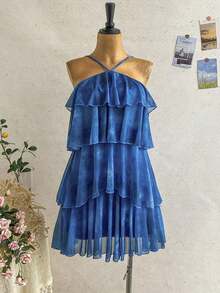 Nuevo vestido elegante y romántico para invitados de boda, de unicolor, con espalda descubierta, multicapa con volantes de gasa, minivestido, adecuado para estilo bohemio, boho, flores románticas, vacaciones, fiestas florales, citas, San Valentín, - Multicolor 4 - Ver 3