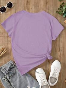 Women's Oversized Purple Summer T-Shirt With Floral Print And The Phrase "I Don't Care Thanks". Casual Short-Sleeved Purple T-Shirt With A Fun Phrase, Ideal For Youthful Looks. - YH500-紫色 - 查看 3