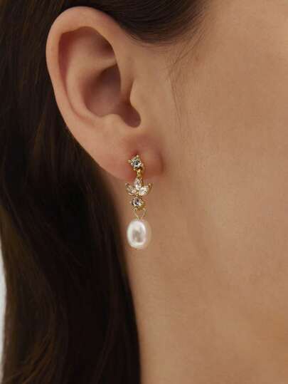 Women's Pearl Earrings, Elegant 14K Gold/Silver Plated Cubic Zirconia Pendant Clip-On Earrings, Minimalist Everyday Pearl Jewelry Gift