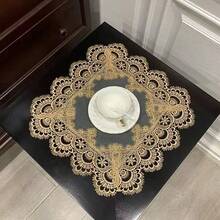1 pieza Mantel individual bordado de malla, mantel individual de malla bordada de lujo francés de poliéster, adecuado para mesa de comedor, mesa de café, decoración del hogar, decoración de mesita de noche, cubierta multiusos - Dorado - Ver 5