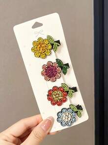 4个精致奢华水晶向日葵发夹，适合女孩佩戴 - 彩色 - 查看 5