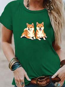 Classic T-Shirts With A Print Of Two Shiba Inu Dogs, Short-Sleeved And Round Neck, Casual Tops, A Hit For Women's Spring And Summer Clothing. - 綠色 - 查看 7