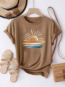 Women's Oversized Brown Summer T-Shirt With Wild Daisy Bouquet Print. Casual Short-Sleeved Brown T-Shirt With Wildflowers, Fresh And Natural Style. - YH450-棕色 - 查看 2