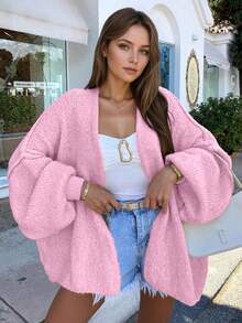 Women's Casual Loose Cream Yellow Homecoming Basic Cardigan Sweater, Suitable For Daily, Tea Party, Travel In Autumn/Winter - Hot Pink - View 2