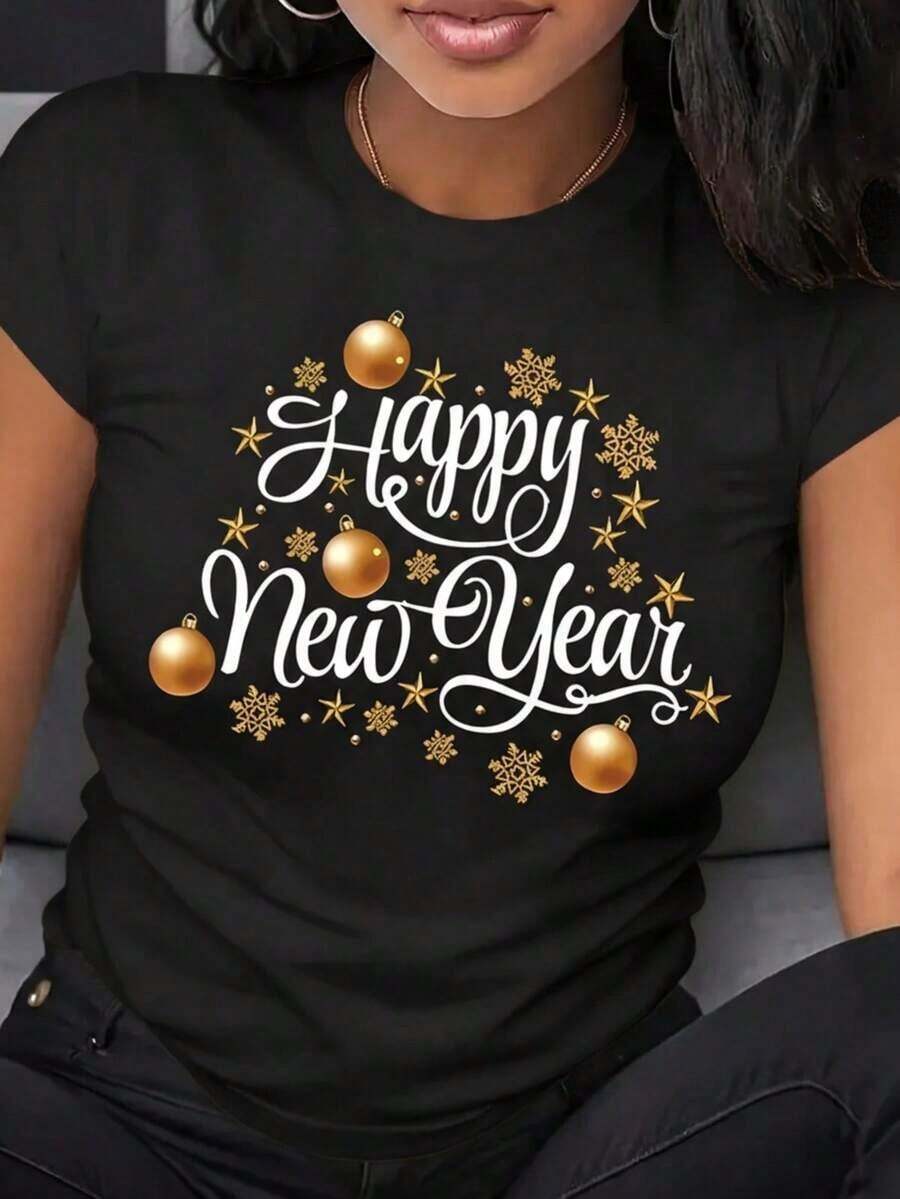 NewSummerCasualPlayera con estampado de Happy New Year, Año Nuevo, ajuste regular cuello redondo manga corta fiesta suave-Vintage Street Style Unisex Loose Cotton Short Sleeve Crew Neck T-Shirt - Negro - Ver 1
