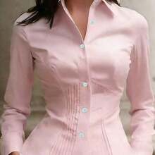Nueva blusa elegante para mujer, camisa de manga larga con botones y diseño plisado en color blanco, de estilo sofisticado y de alta gama, con apariencia minimalista y profesional, adecuada para ocasiones casuales y citas en primavera - Rosa - Ver 2