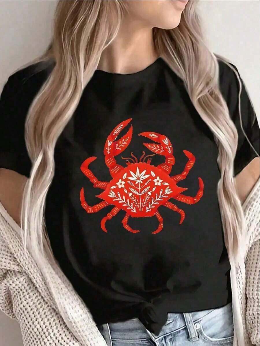 Camiseta de manga corta con estampado de cangrejo en negro y rojo - Poliéster ligero y duradero, uniforme con temática de Crab Shack, ropa casual para playa o restaurante, blusa de cuello redondo, top lavable estilo cangrejo.ropa de calor mujer - Negro - Ver 1