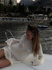 Vestido de cárdigan de punto corto con cuello redondo y manga larga, calado en rosa.Vestido de punto elegante, casual y cómodo para mujer, ideal para primavera/verano, para usar en la playa, resort, fiestas de traje de baño o vacaciones.Diseño minimalista de unicolor y falda corta. - Blanco - Ver 6